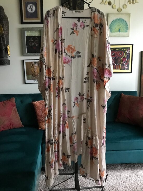 Three Bird Nest Tops - THREE BIRD NEST Cream Orange Pink Floral Bohemian Open Duster Kimono Cardigan OS